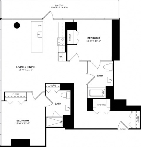 A black and white image of a floor plan for a balcony, living/dining area, and two bedrooms.
